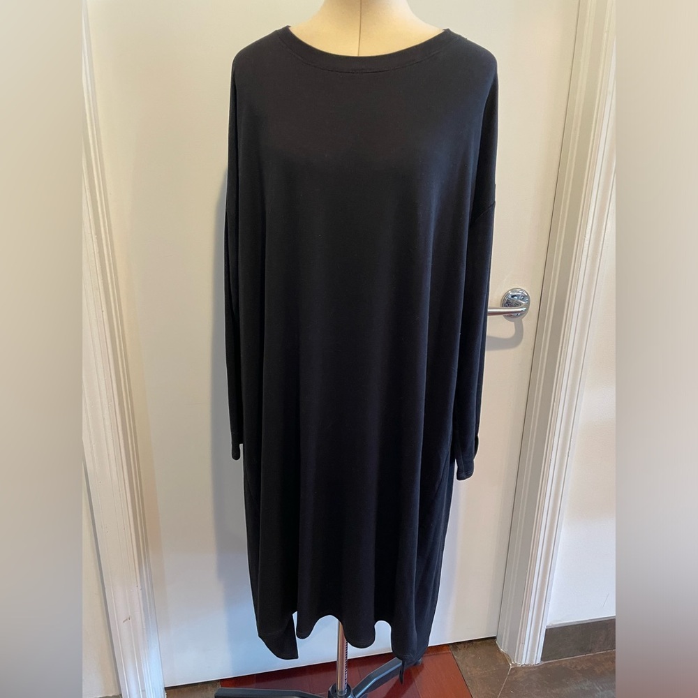 Eileen Fisher Missy Tencel Stretch Terry Dress Black jewel neck Size XL